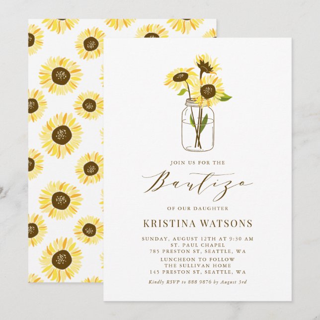 Yellow Sunflowers in a Mason Jar Summer Bautizo Invitation (Front/Back)