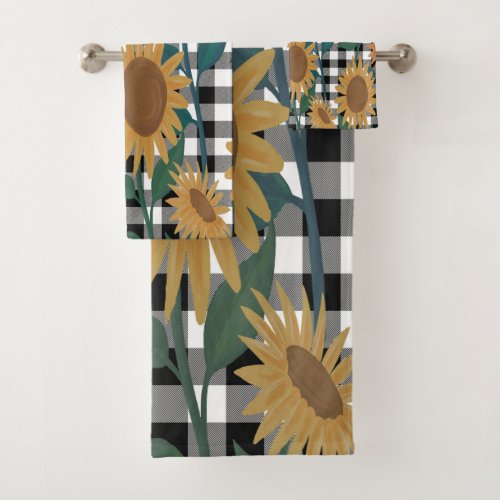 Yellow Sunflowers in Black  White Buffalo Checks Bath Towel Set