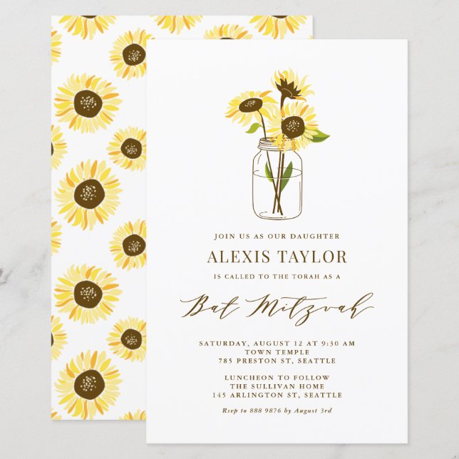 Yellow Sunflowers in Jar Bat Mitzvah Invitation (Front/Back)