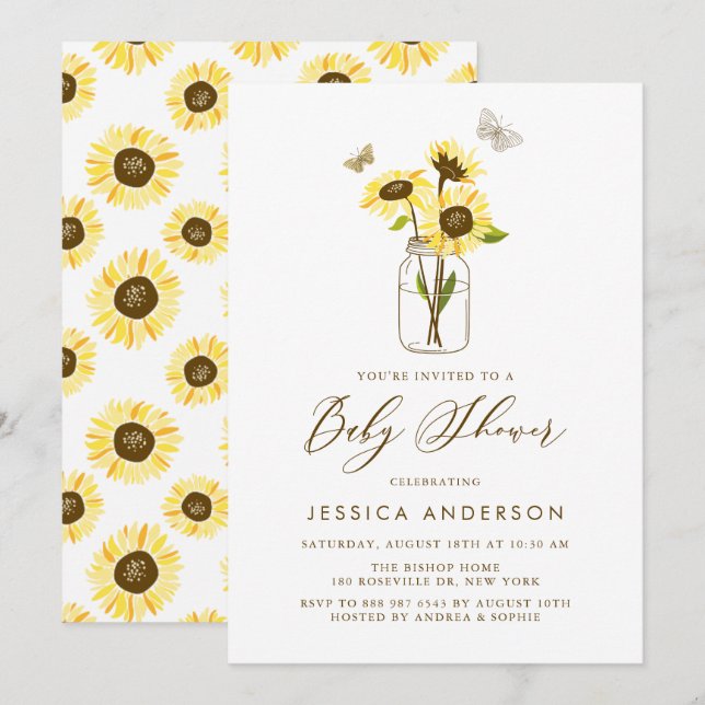 Yellow Sunflowers in Mason Jar Baby Shower Invitation (Front/Back)