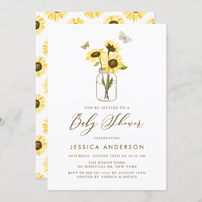 Yellow Sunflowers in Mason Jar Baby Shower Invitation (Front/Back)
