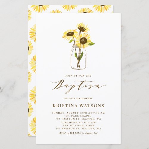 Yellow Sunflowers in Mason Jar Baptism Invitation