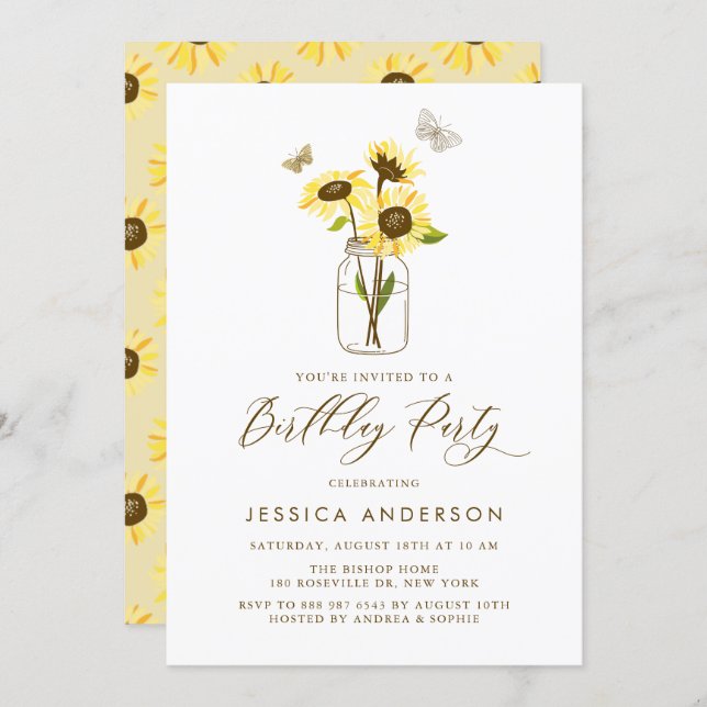 Yellow Sunflowers in Mason Jar Birthday Party Invitation (Front/Back)