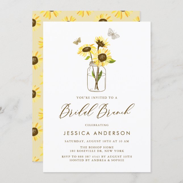 Yellow Sunflowers in Mason Jar Bridal Brunch Invitation (Front/Back)
