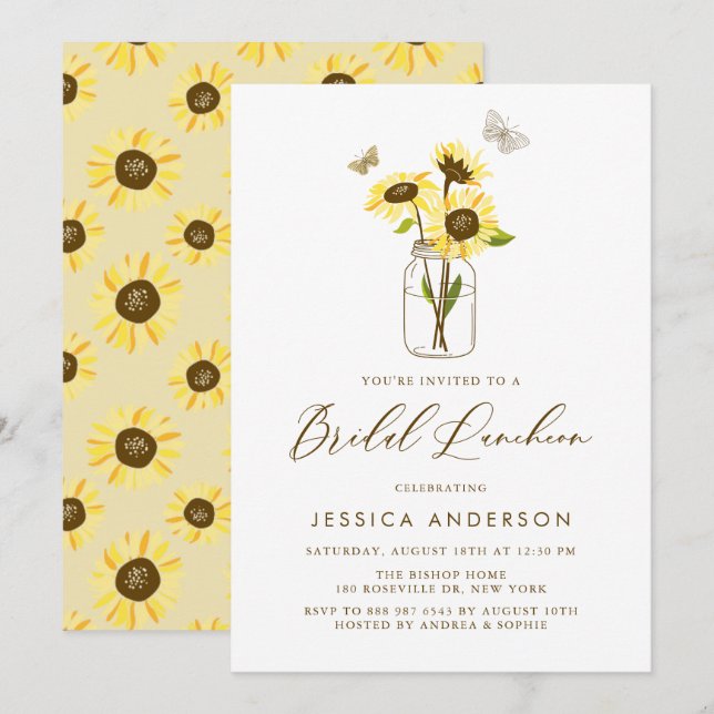 Yellow Sunflowers in Mason Jar Bridal Luncheon Invitation (Front/Back)