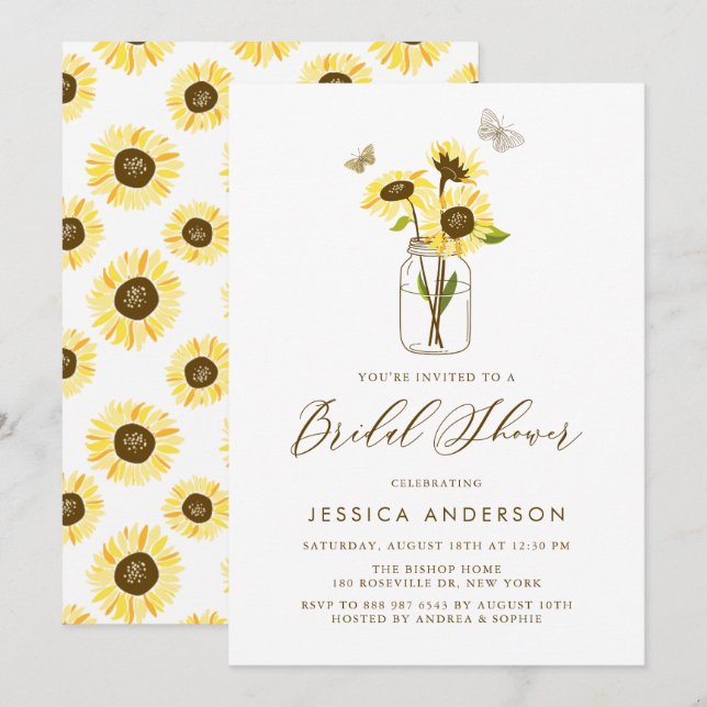 Yellow Sunflowers in Mason Jar Bridal Shower Invitation (Front/Back)