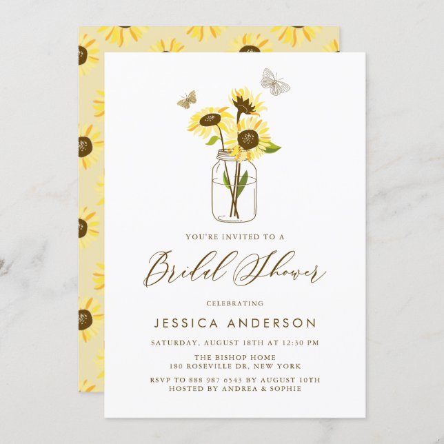 Yellow Sunflowers in Mason Jar Bridal Shower Invitation (Front/Back)