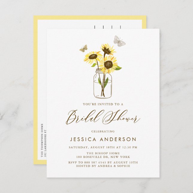 Yellow Sunflowers in Mason Jar Bridal Shower Invitation Postcard (Front/Back)