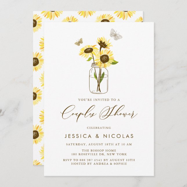 Yellow Sunflowers in Mason Jar Couples Shower Invitation (Front/Back)