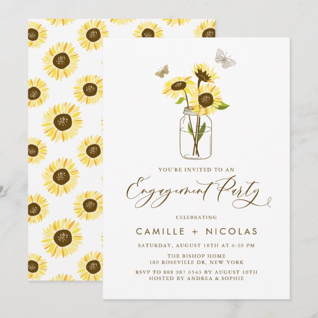 Yellow Sunflowers in Mason Jar Engagement Party Invitation (Front/Back)