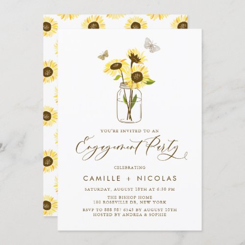 Yellow Sunflowers in Mason Jar Engagement Party Invitation