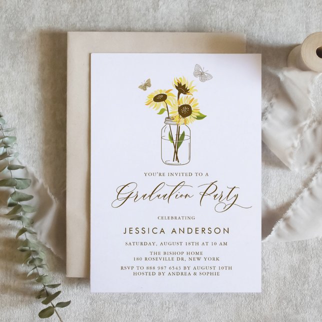 Yellow Sunflowers in Mason Jar Graduation Party Invitation (Customizable rustic graduation invitation featuring sunflowers in a mason jar. )