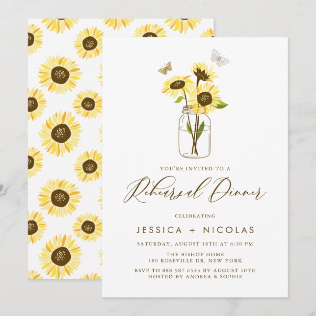 Yellow Sunflowers in Mason Jar Rehearsal Dinner Invitation (Front/Back)