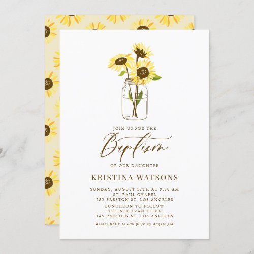 Yellow Sunflowers in Mason Jar Summer Baptism Invitation