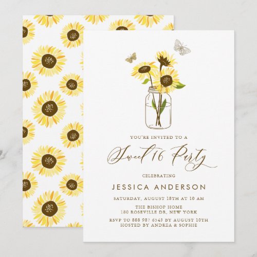 Sunflowers on Mason Jar Summer Sweet Sixteen Party Invitation