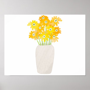 Yellow Sunflowers in White vase Watercolor poster