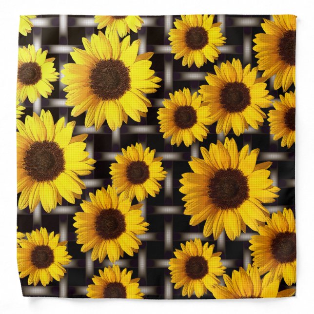 Yellow Sunflowers Industrial Chic Grid Bandana (Front)