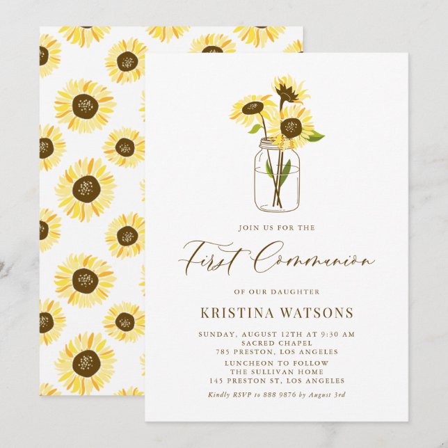 Yellow Sunflowers Mason Jar First Holy Communion Invitation (Front/Back)