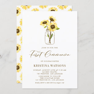 Yellow Sunflowers Mason Jar First Holy Communion Invitation