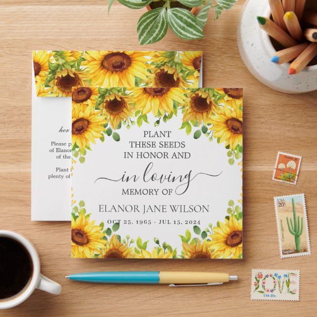 Yellow Sunflowers Memorial Funeral Seed Packet Envelope (Desk)