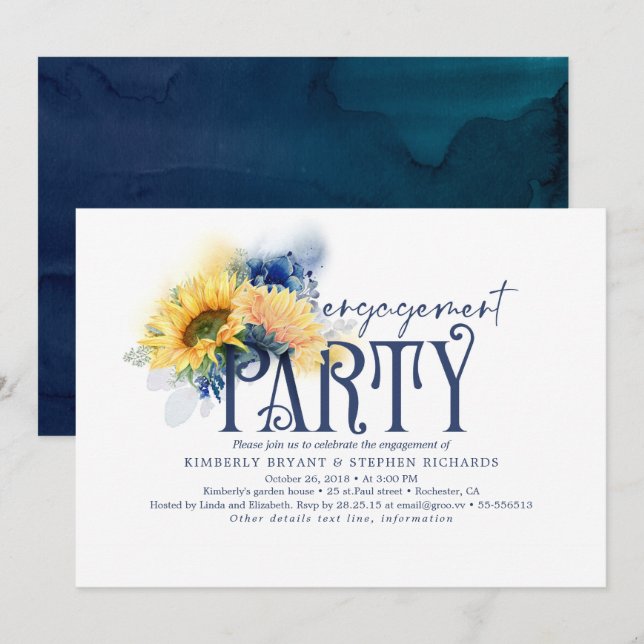 Yellow Sunflowers Navy Blue Engagement Party Invitation (Front/Back)