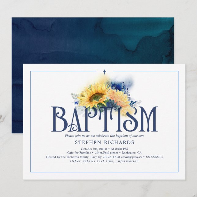 Yellow Sunflowers Navy Blue Fall Baptism Invitation (Front/Back)