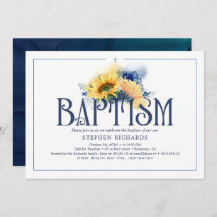 Yellow Sunflowers Navy Blue Fall Baptism Invitation