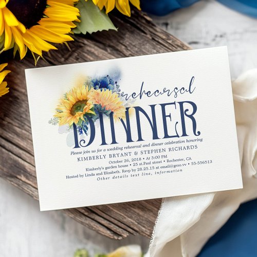 Yellow Sunflowers Navy Blue Fall Rehearsal Dinner Invitation