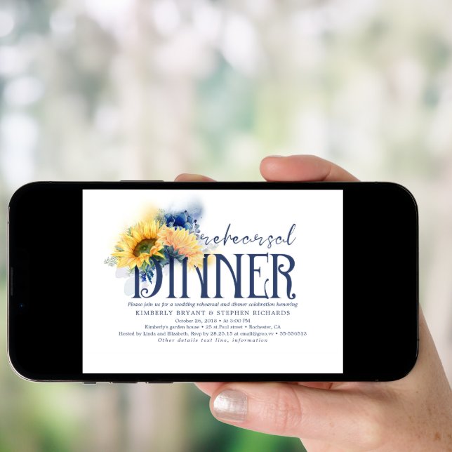 Yellow Sunflowers Navy Blue Fall Rehearsal Dinner Invitation (Front Digital)