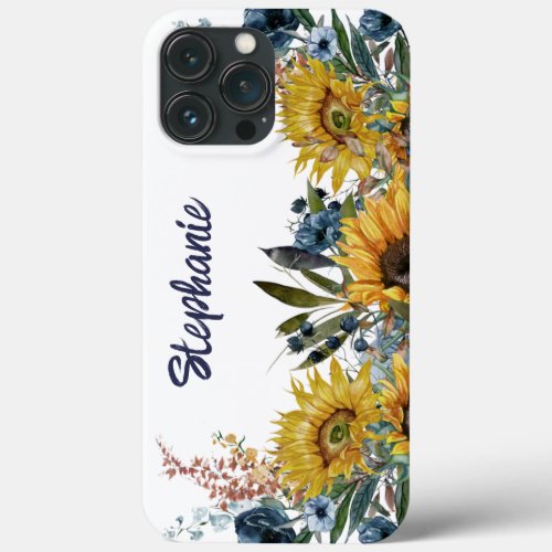 Yellow Sunflowers Navy Blue Floral Name  iPhone 13 Pro Max Case