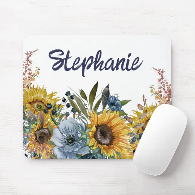 Yellow Sunflowers Navy Blue Floral Name Mouse Pad | Zazzle
