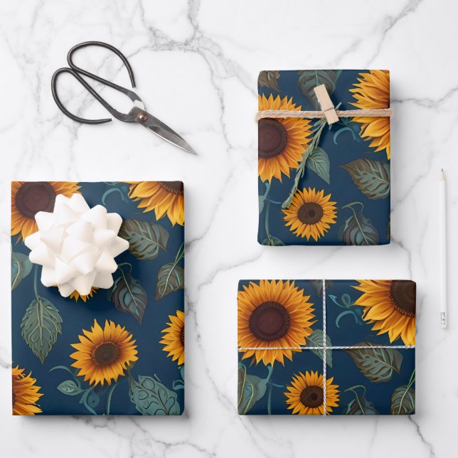 Yellow Sunflowers on a Blue Background Wrapping Paper Sheets (Front)