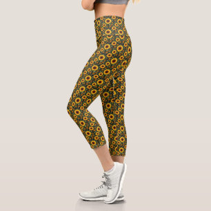 Yellow Sunflowers On Black Capri Leggings