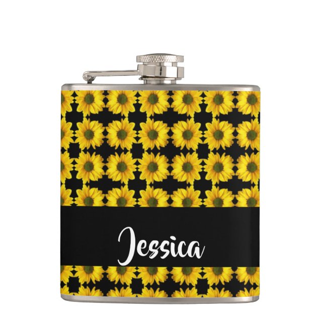 Yellow sunflowers on black flask (Front)