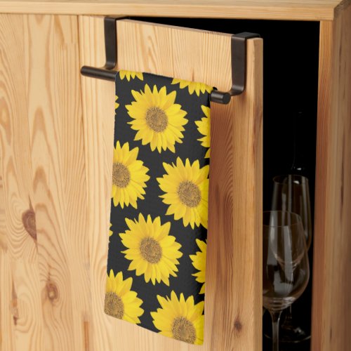 Yellow Sunflowers on Black Floral Kitchen Towel