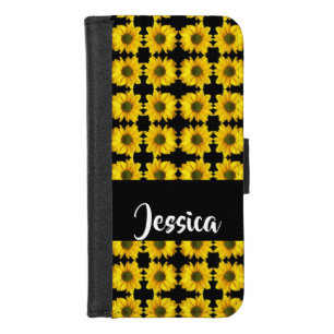 Yellow sunflowers on black iPhone 8/7 wallet case