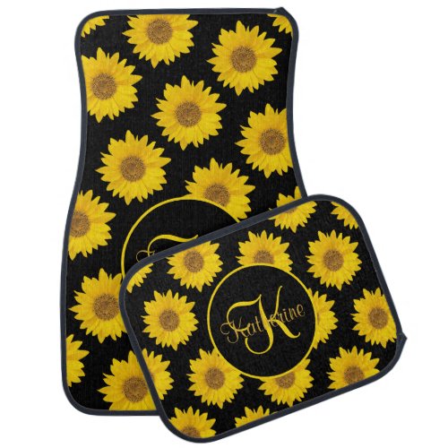 Yellow Sunflowers on Black Monogram Car Floor Mat