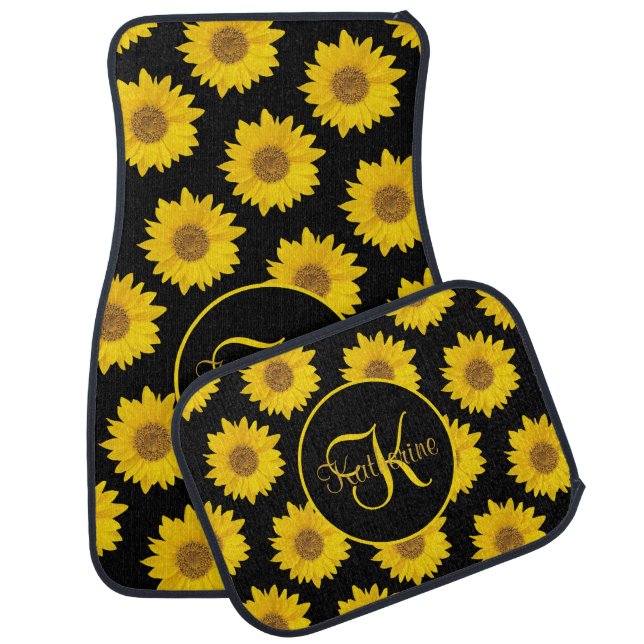 Yellow Sunflowers on Black Monogram Car Floor Mat (Set)
