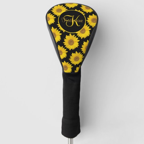 Yellow Sunflowers on Black Monogram Golf Head Cover