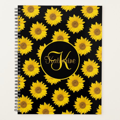 Yellow Sunflowers on Black Monogram Planner