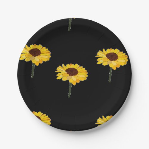 Yellow sunflowers on black paper plates