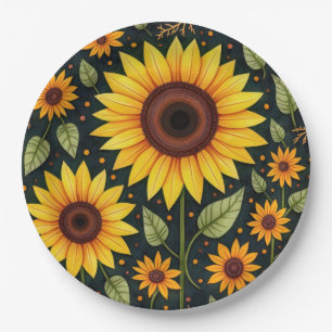 Yellow Sunflowers On Black Paper Plates