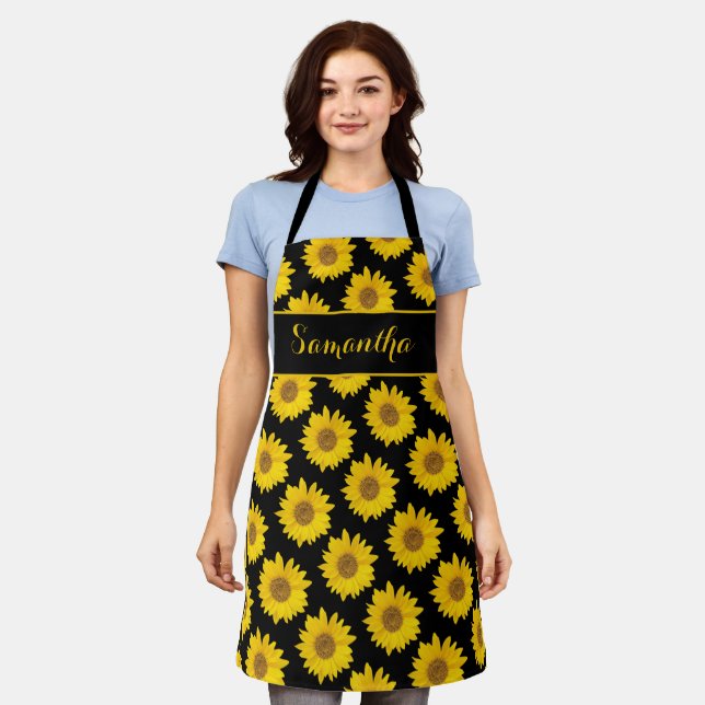 Yellow Sunflowers on Black Personalized Apron (Worn)
