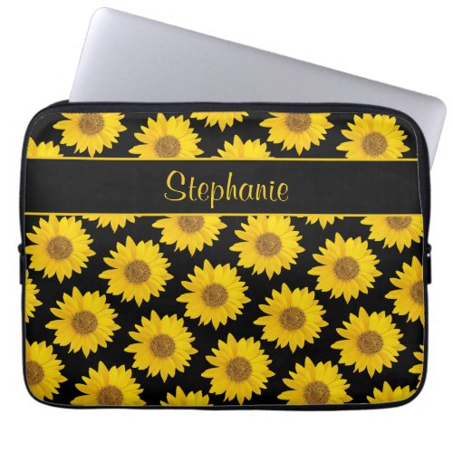 Yellow Sunflowers on Black Personalized Laptop Sleeve