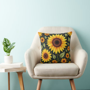 Yellow Sunflowers On Black Throw Pillow