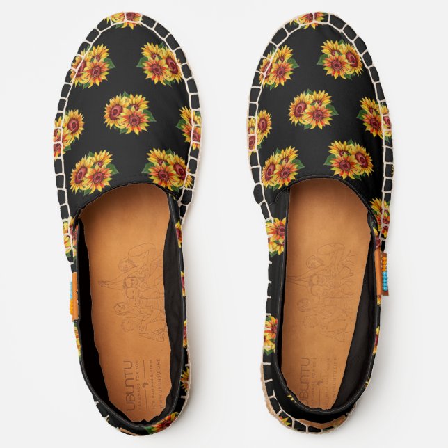 Yellow Sunflowers on Black UBUNTU Espadrilles (Front)