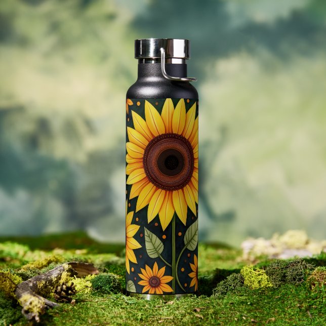 Yellow Sunflowers On Black Water Bottle (Outdoor)