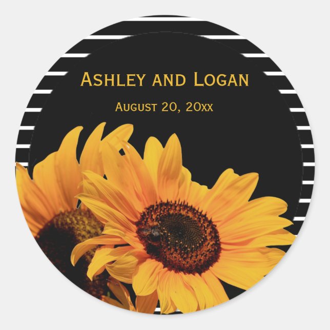 Yellow Sunflowers on Black Wedding Favor Seals (Front)