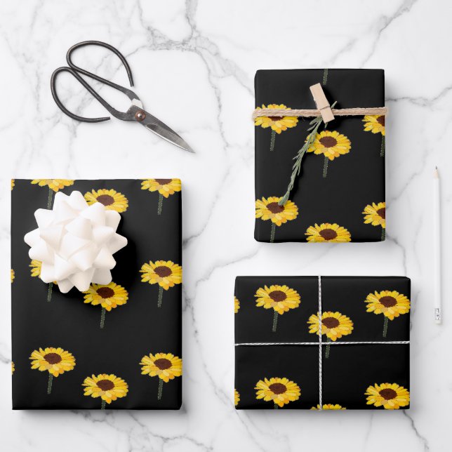Yellow sunflowers on black wrapping paper sheets (Front)