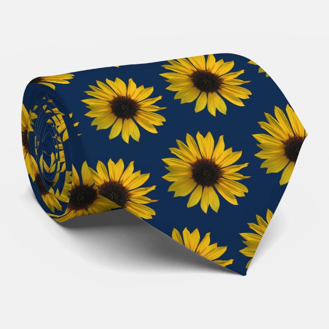 Yellow Sunflowers on Dark Blue Background Neck Tie (Rolled)